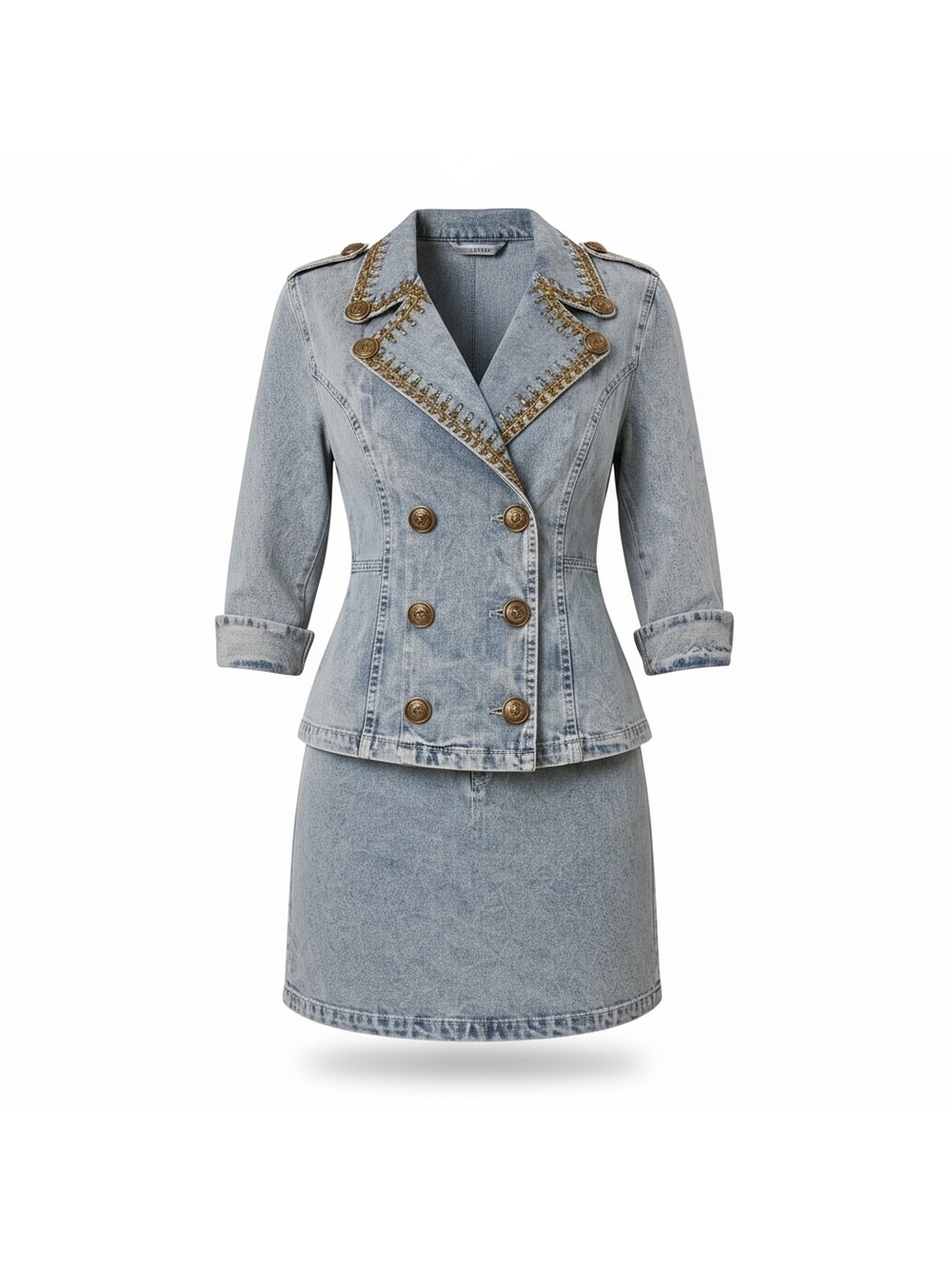 Vintage Cache Light Wash Denim Military Skirt Suit